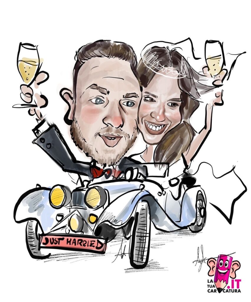 Caricature sposi online su auto d’epoca - www.latuacaricatura.it