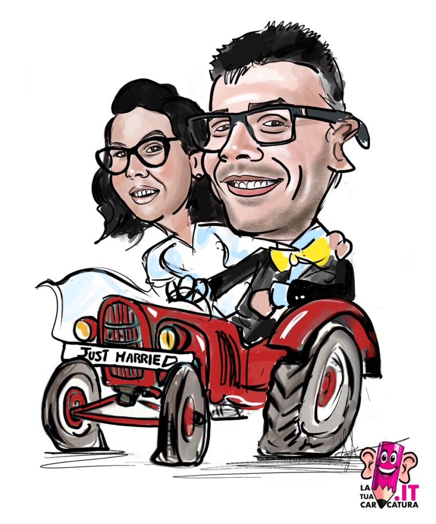 Caricatura sposi su trattatore - www.latuacaricatura.it
