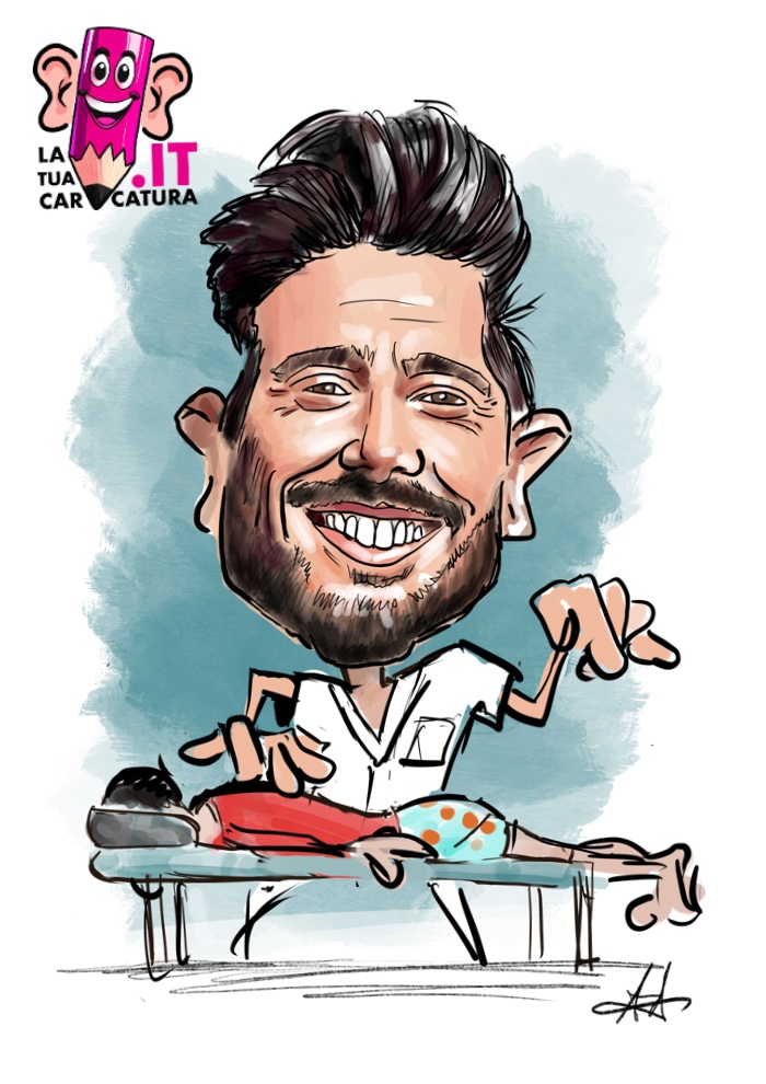 Caricatura di un fisioterapista disegnata a mano - www.latuacaricatura.it